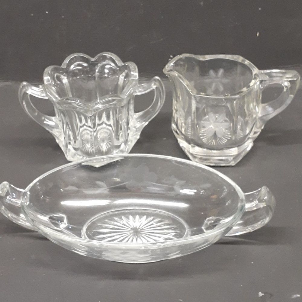 3 pc etched‎ floral crystal sugar/creamer, & sm. dish with bottom star design